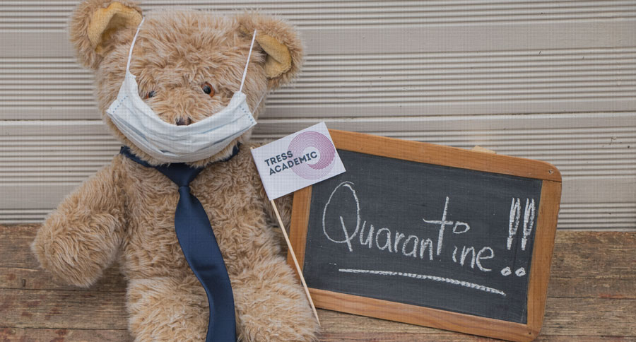 bear with face mask and sign quarantine - home office