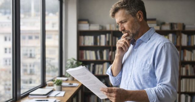 Researcher reviewing a printed manuscript in an office while deciding whether the paper is ready for submission