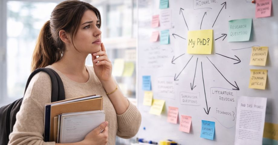 PhD student looking concerned at research planning board with ‘My PhD?’ and multiple directions, illustrating feeling stuck and lack of clarity.