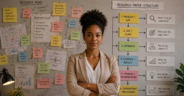 PhD student standing between chaotic research notes and a clear research paper structure diagram