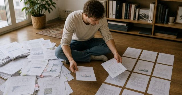 Man sitting on the floor organising research papers, separating a large pile of results into a structured layout