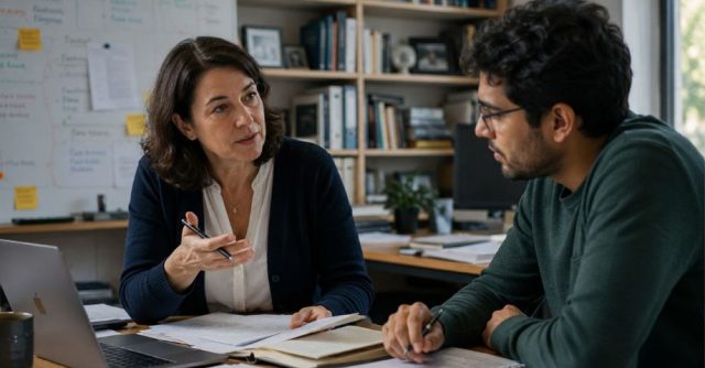 Female PhD supervisor discussing research progress with a doctoral student during a supervision meeting in an academic office.