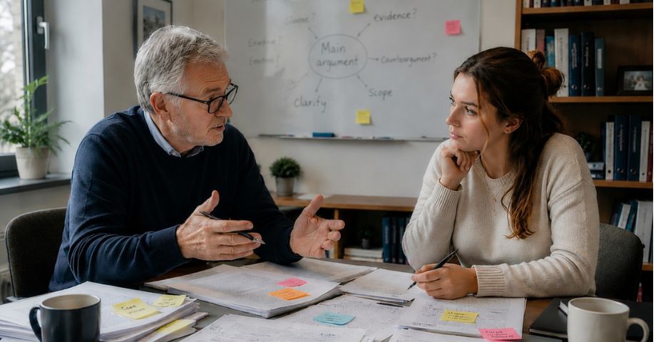 Older male PhD supervisor and younger female doctoral researcher in a structured supervision meeting, discussing research papers and project clarity at a desk covered with notes and manuscripts in a university office.