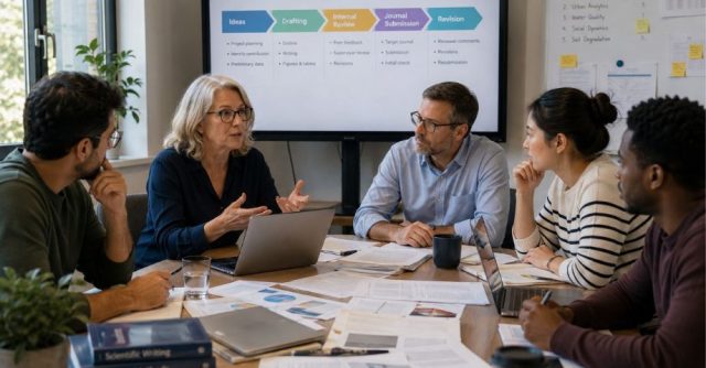 Research group discussing publication progress during a manuscript planning meeting led by a senior professor, with researchers reviewing drafts, feedback, and submission plans.