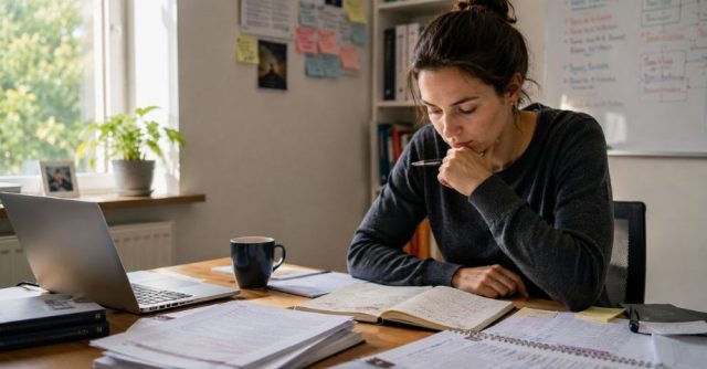 A young researcher sits at a desk in a sunlit office, thoughtfully reviewing handwritten notes and printed academic papers beside an open laptop.